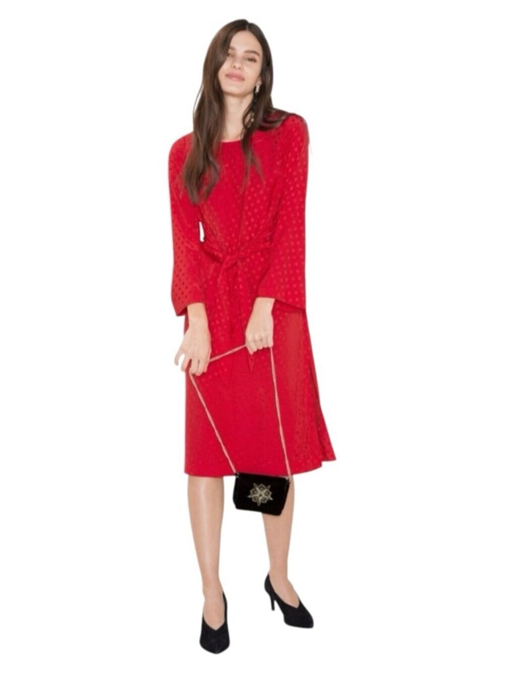 & Other Stories Satin Midi Dress Red Polka Dot Twist Front Long Sleeve Women’s 6